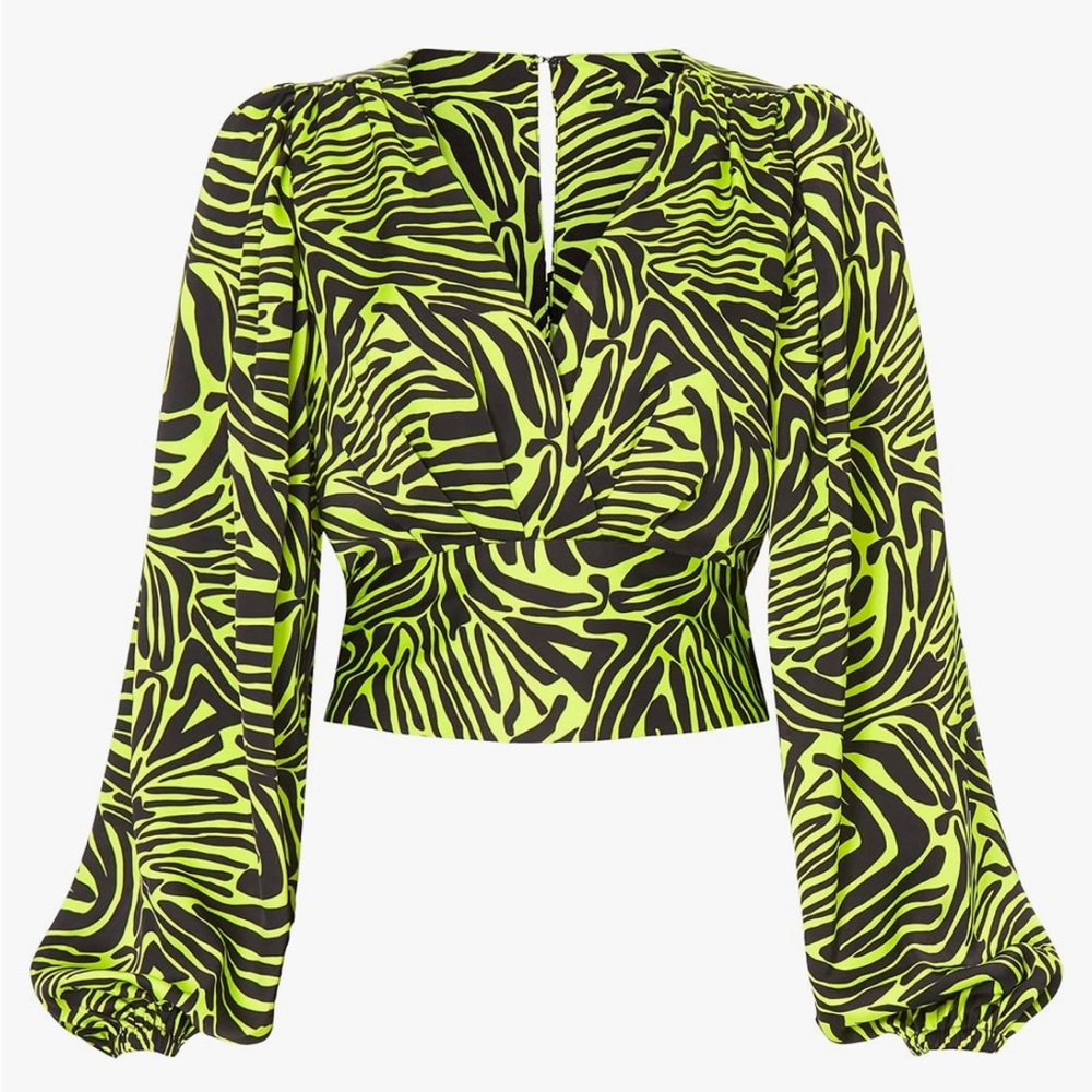Green and Black Crop Blouse with Bell Sleeves